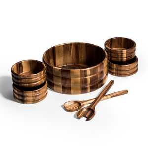 7 Piece - Extra Large Handmade Wood Salad Bowl with Servers 