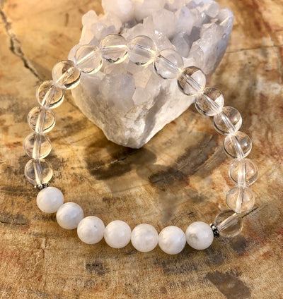 Handmade Rainbow Moonstone & Crystal Quartz Stretch Bracelet